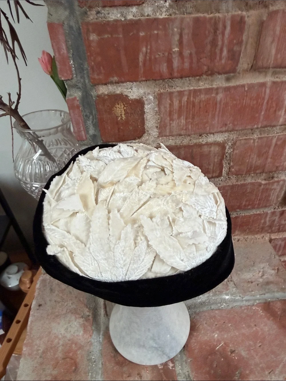 Vintage Black and Ivory Velvet Fascinator Hat with Pearl Leaf Accent